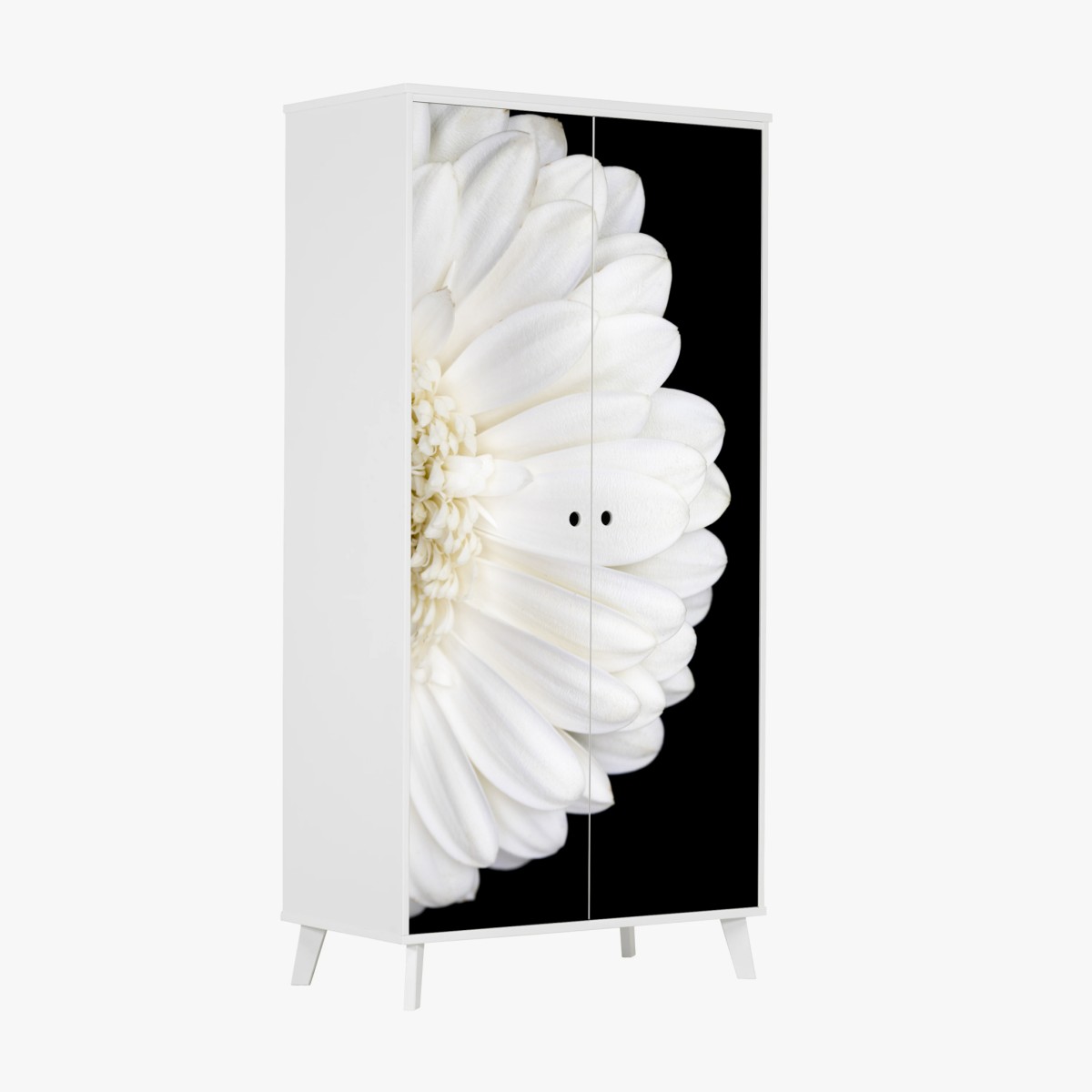 Schrankaufkleber weiße gerbera auf schwarzem hintergrund minimalistische nahaufnahme – Pixers®