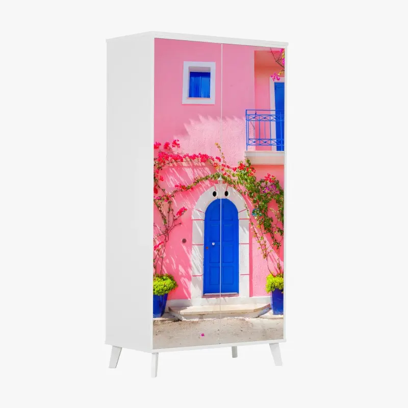 Schrankaufkleber leuchtende rosa fassade mit blauer tür