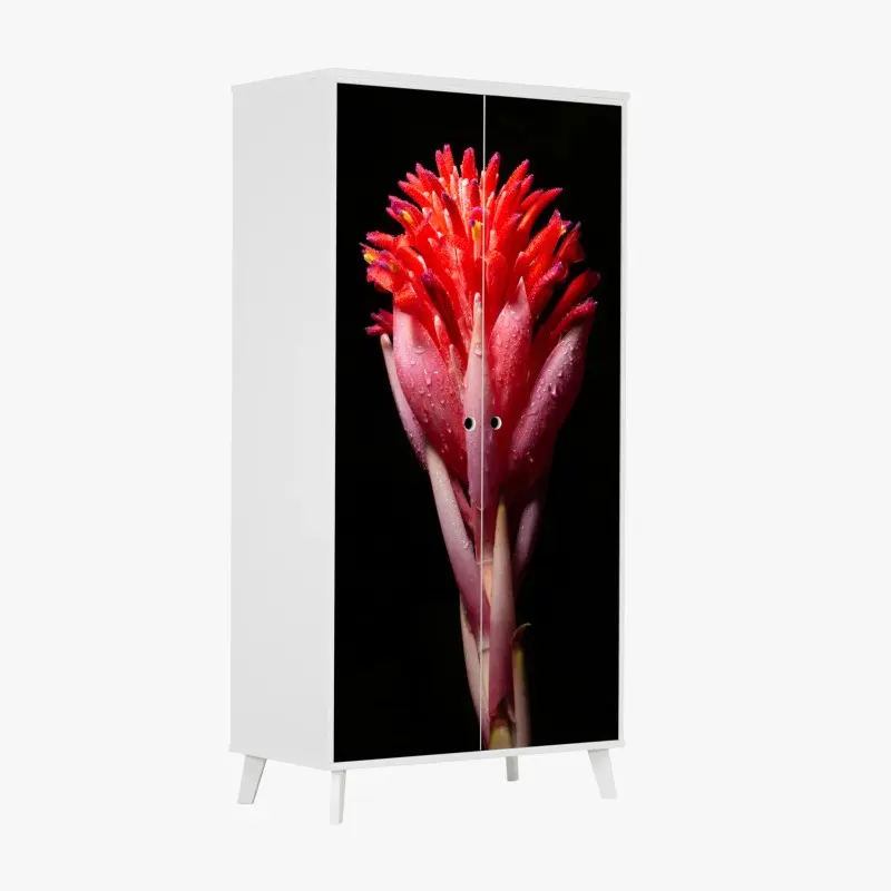 Schrankaufkleber leuchtende rosa blüte vor schwarzem hintergrund