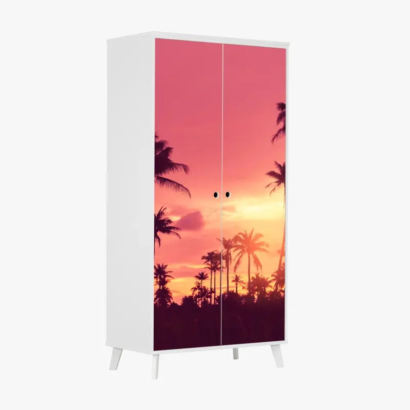 Schrankaufkleber rosa tropischer sonnenuntergang mit palmen