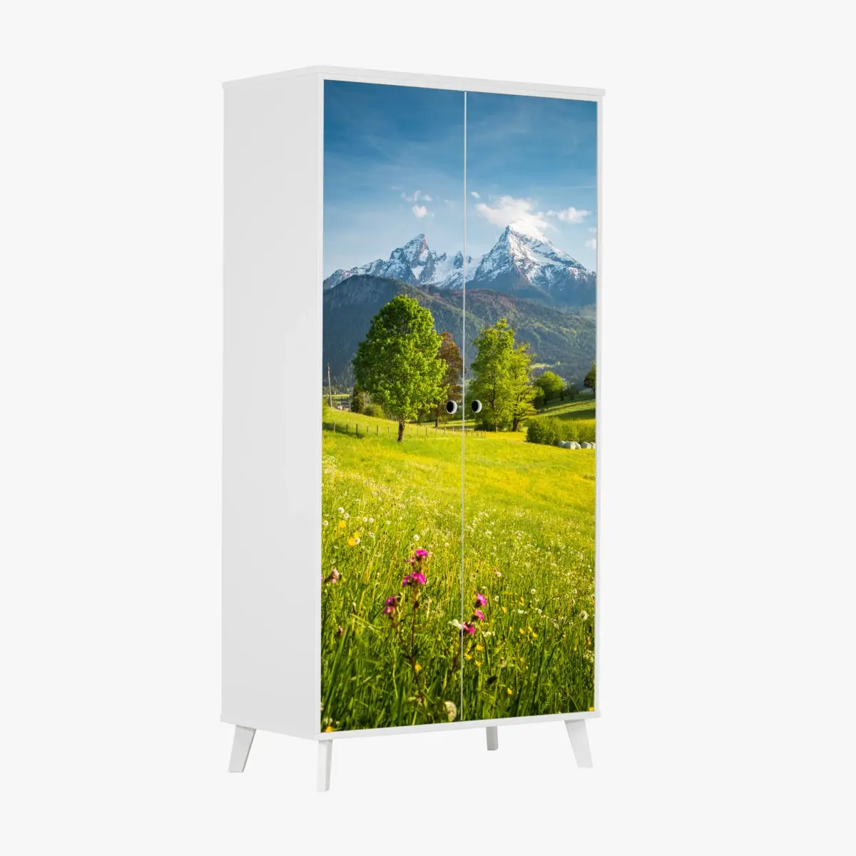 Schrankaufkleber alpine frühlingswiese unter schneebedeckten gipfeln – Pixers®