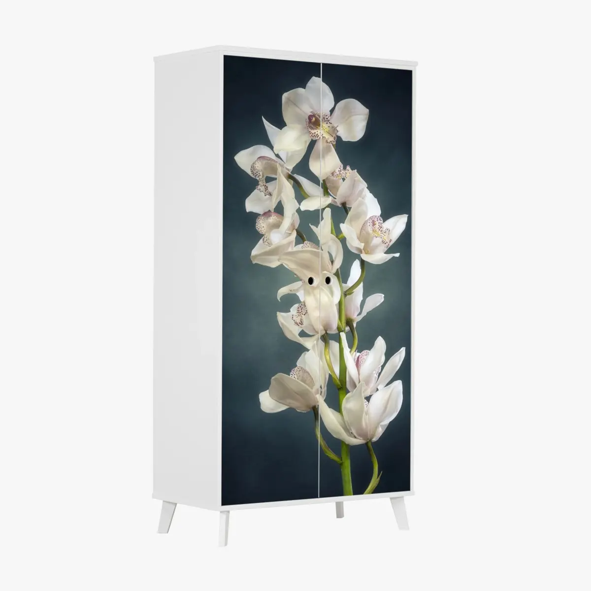 Schrankaufkleber zarte weiße orchideen vor gedämpftem hintergrund – Pixers®