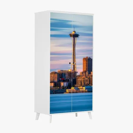 Schrankaufkleber Seattle skyline mit dem Space Needle bei Sonnenuntergang – Pixers®