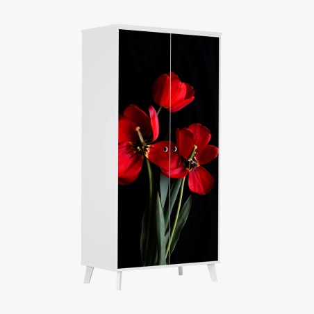 Schrankaufkleber drei rote tulpen vor schwarzem hintergrund – Pixers®