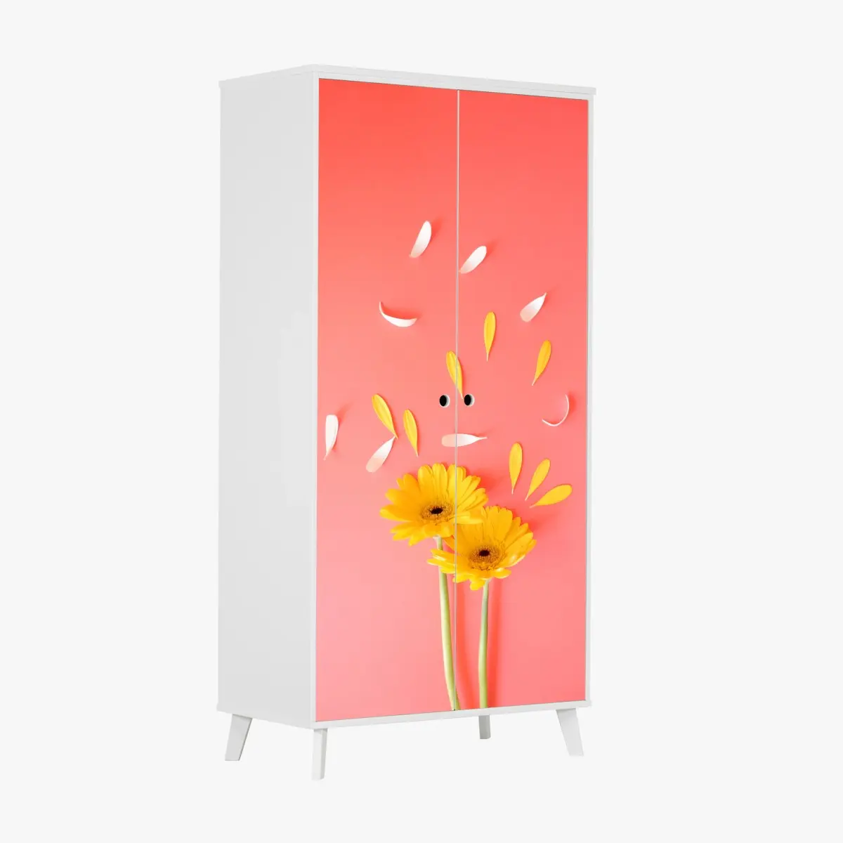 Schrankaufkleber sonnige gelbe gerbera auf korallfarbenem hintergrund – Pixers®