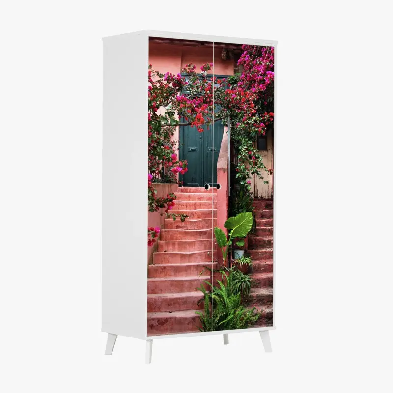 Schrankaufkleber treppe mit bougainvillea und grünen pflanzen