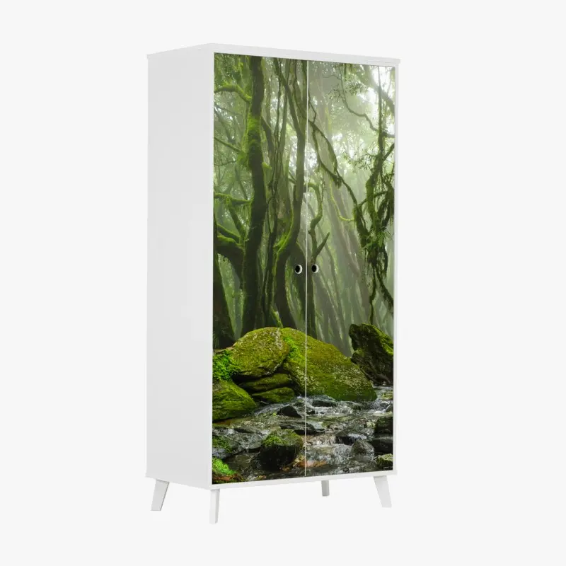 Schrankaufkleber moosiger wald mit bach im nebel