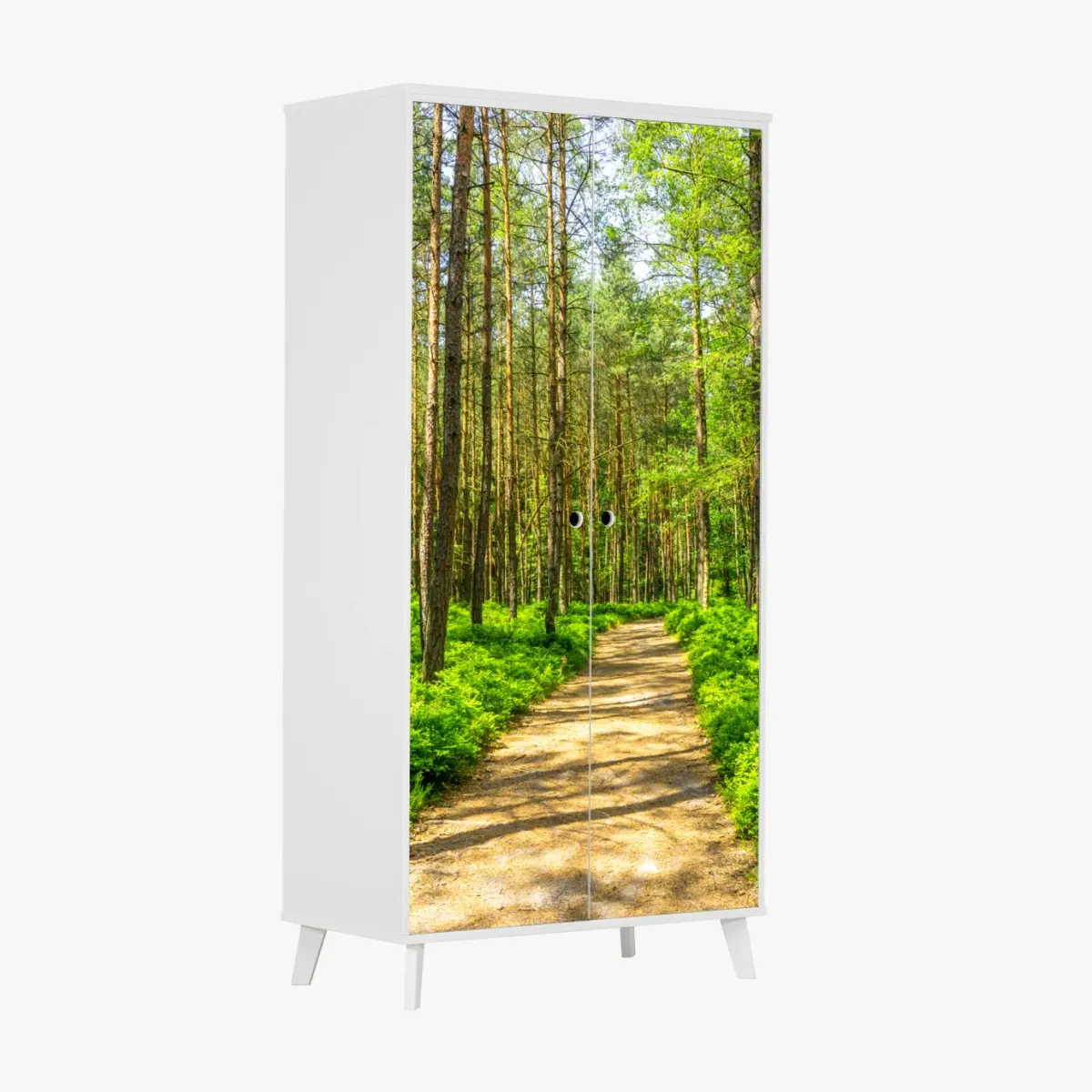 Schrankaufkleber sonniger waldweg zwischen kiefern – Pixers®