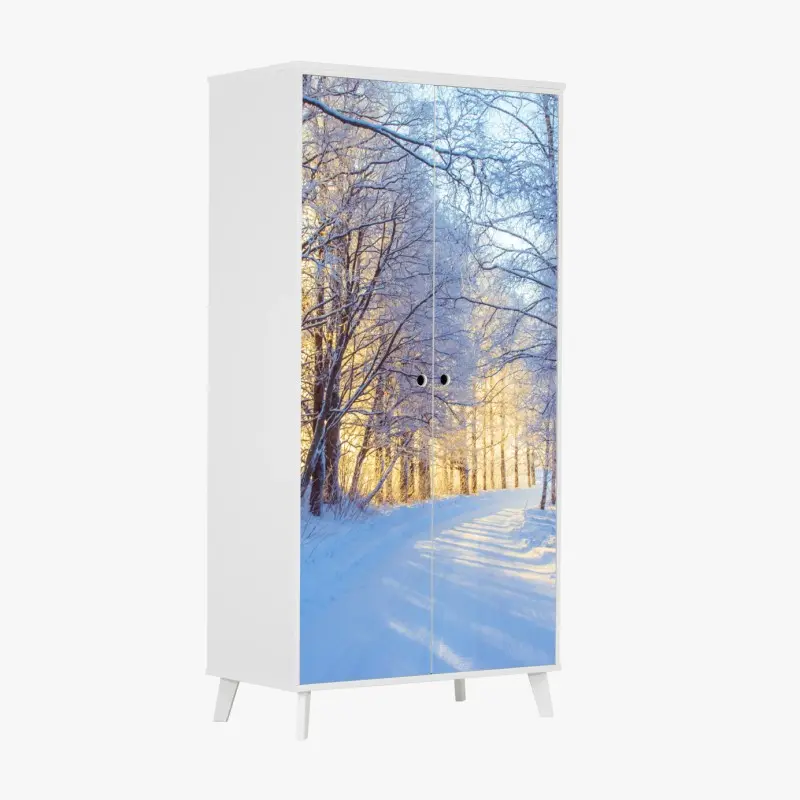 Schrankaufkleber birkenwald im winter bei sonnenaufgang