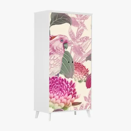 Schrankaufkleber rosa papagei und chrysantheme - botanisches motiv – Pixers®
