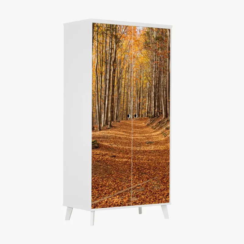 Schrankaufkleber herbstlicher waldweg mit goldenen blättern