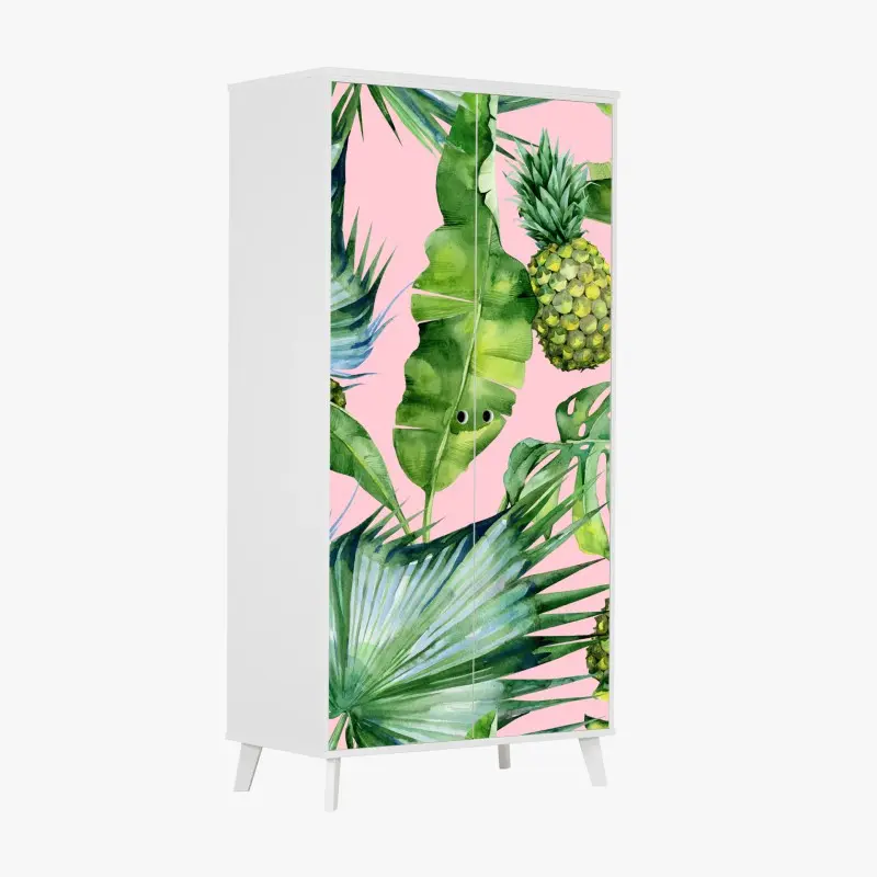 Schrankaufkleber tropisches ananas- und blattmuster in aquarell auf rosa hintergrund