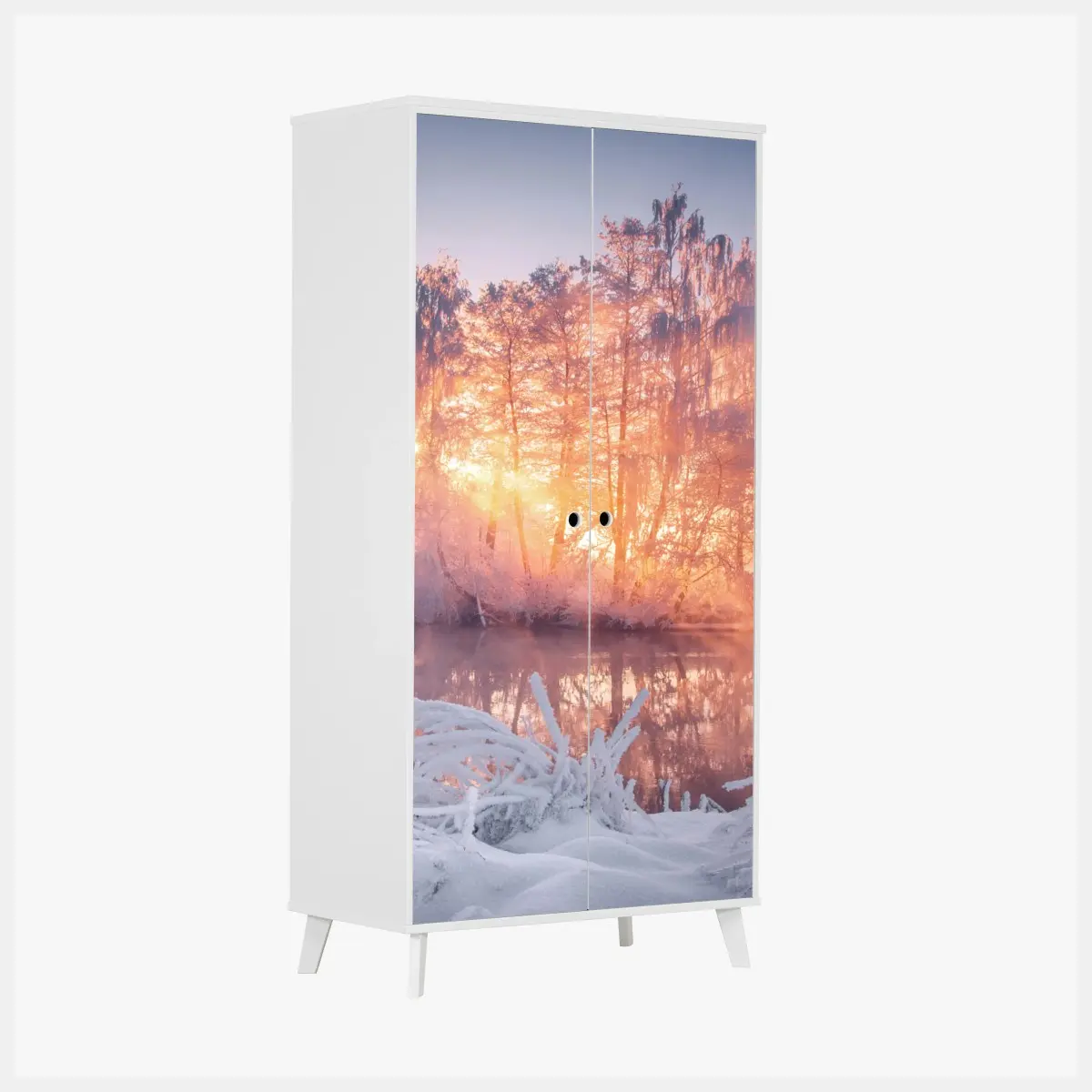 Schrankaufkleber winterlicher sonnenaufgang über zugefrorenem fluss – Pixers®