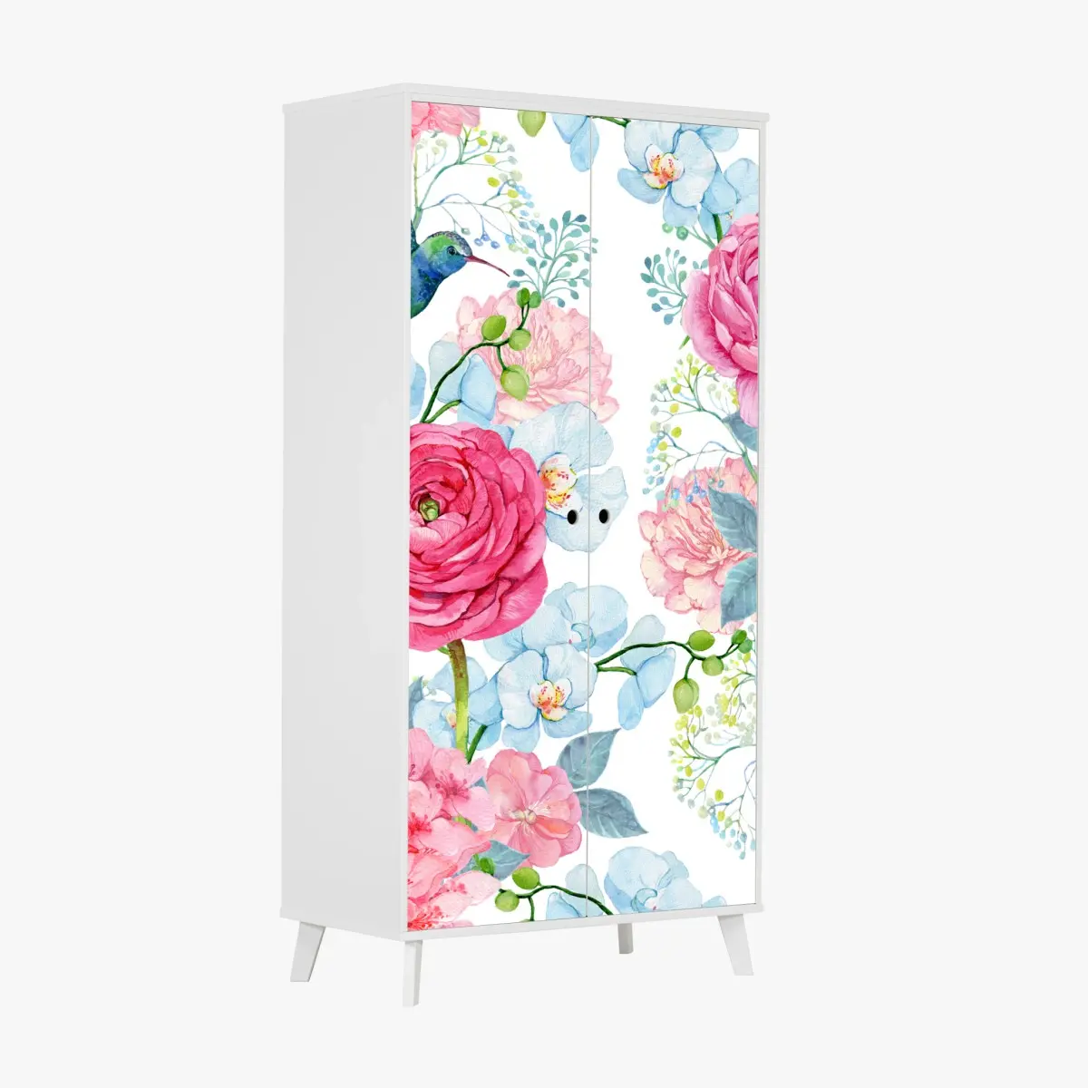 Schrankaufkleber rosa aquarell blumengarten mit kolibri – Pixers®