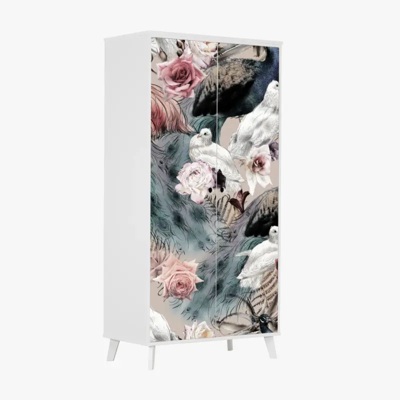 Schrankaufkleber aquarellmuster mit vögeln und rosen