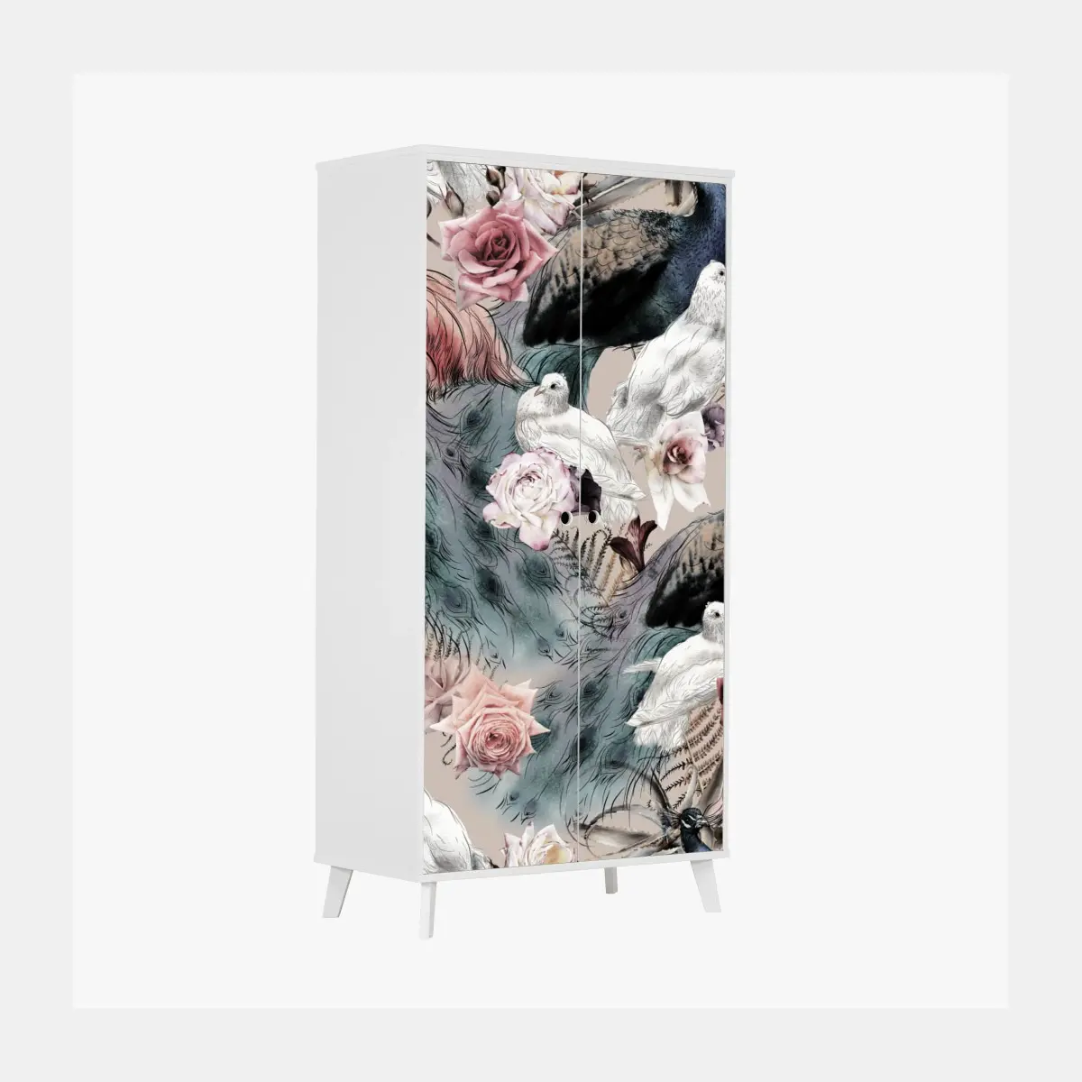 Schrankaufkleber aquarellmuster mit vögeln und rosen – Pixers®