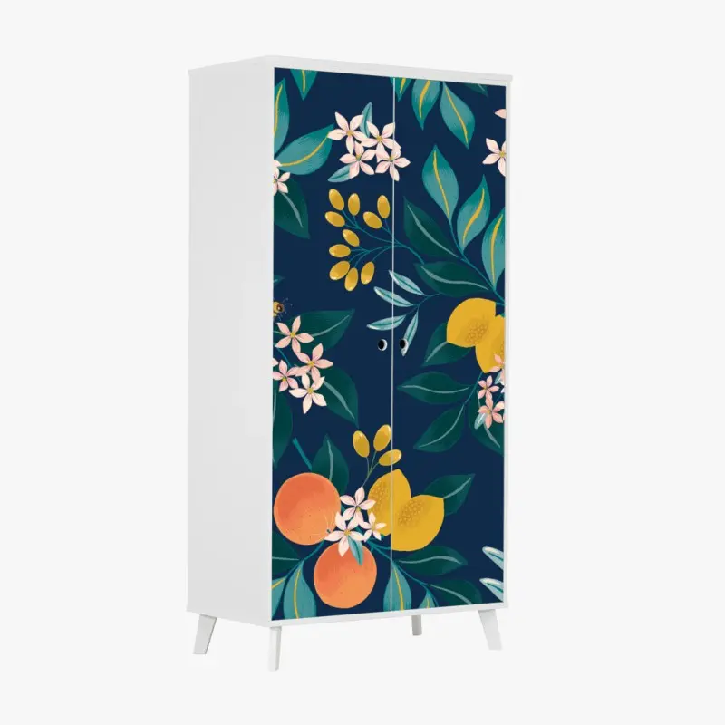 Schrankaufkleber botanisches zitronen- und orangenmuster auf marineblauem hintergrund