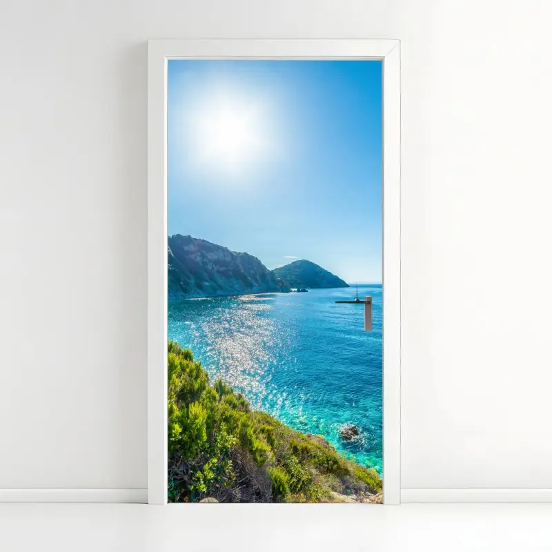 Türaufkleber sonnige panoramaansicht des strands Sansone, Elba