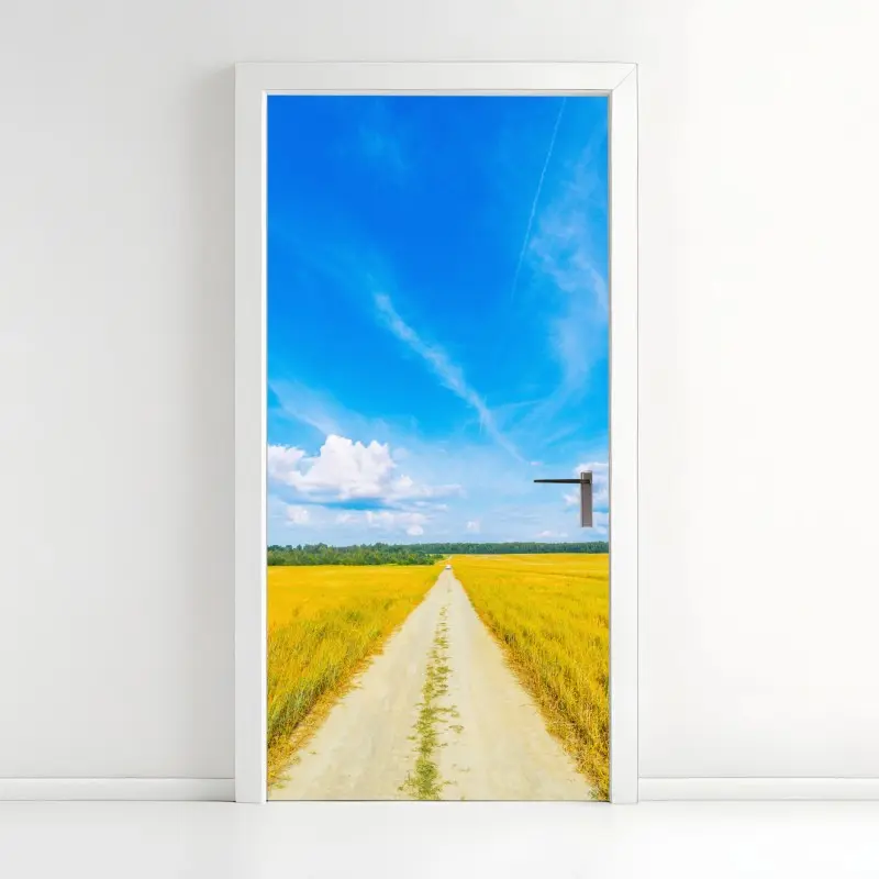 Türaufkleber goldene wiese unter weitem blauem himmel