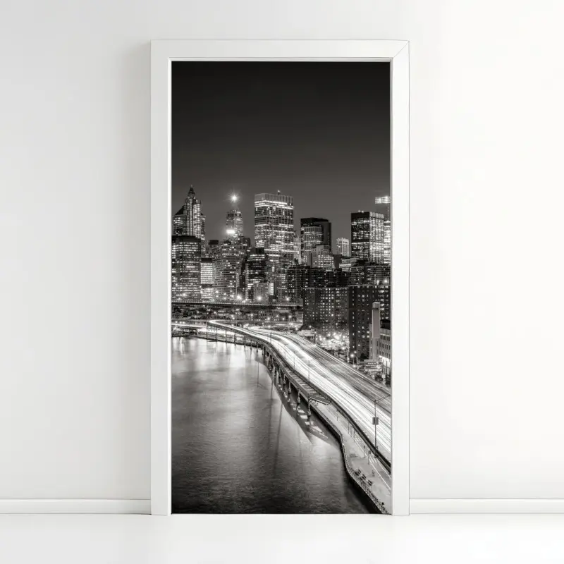 Türaufkleber monochrome stadtsilhouette bei nacht