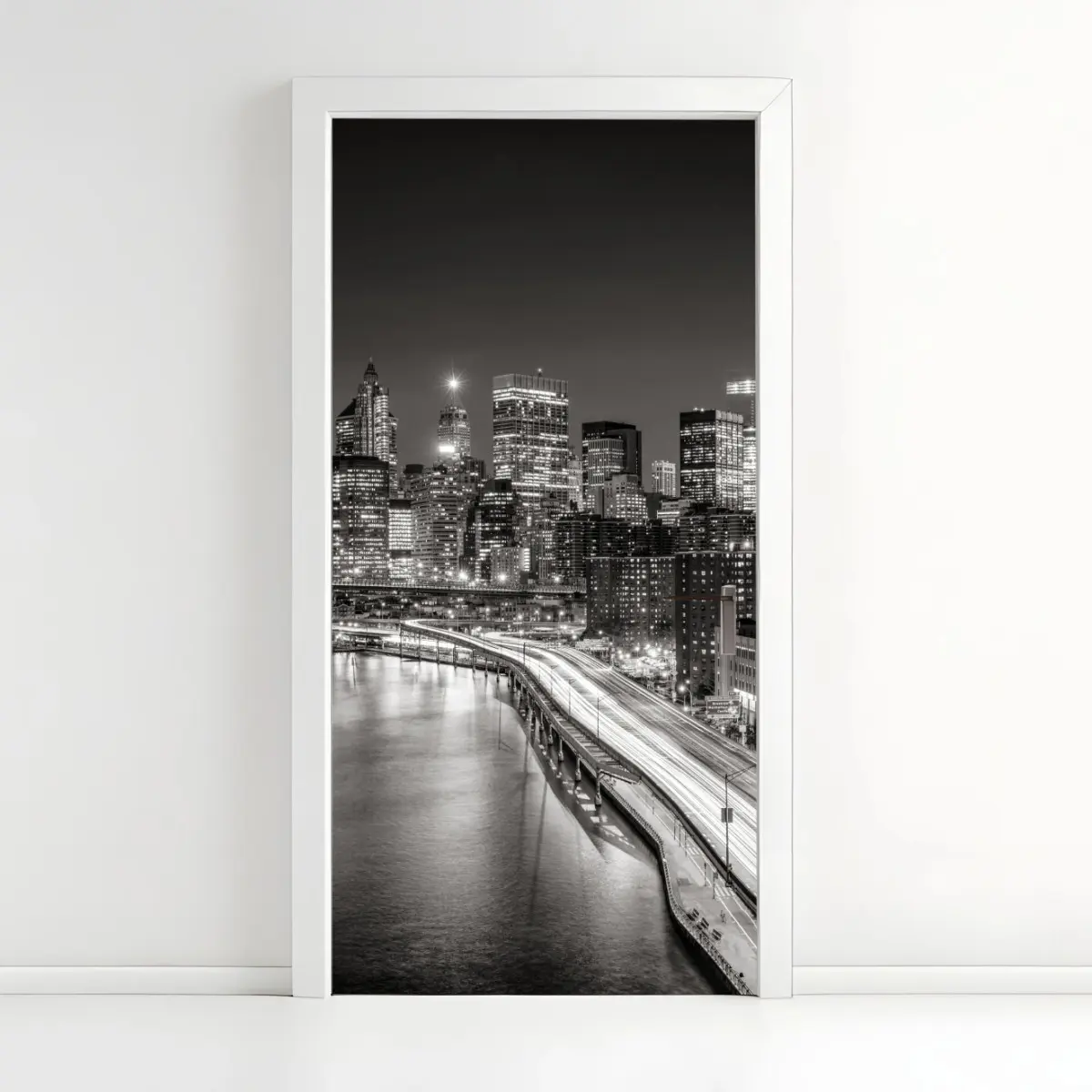 Türaufkleber monochrome stadtsilhouette bei nacht – Pixers®