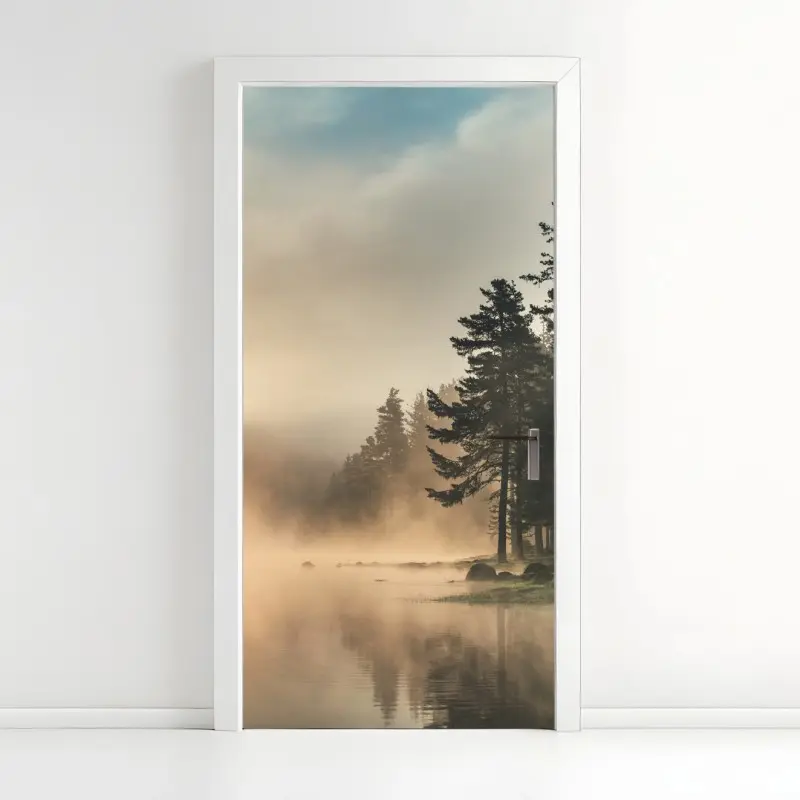 Türaufkleber nebliger sonnenaufgang über waldsee
