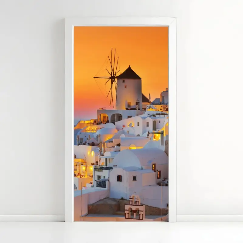 Türaufkleber goldener sonnenuntergang über Oia, Santorini