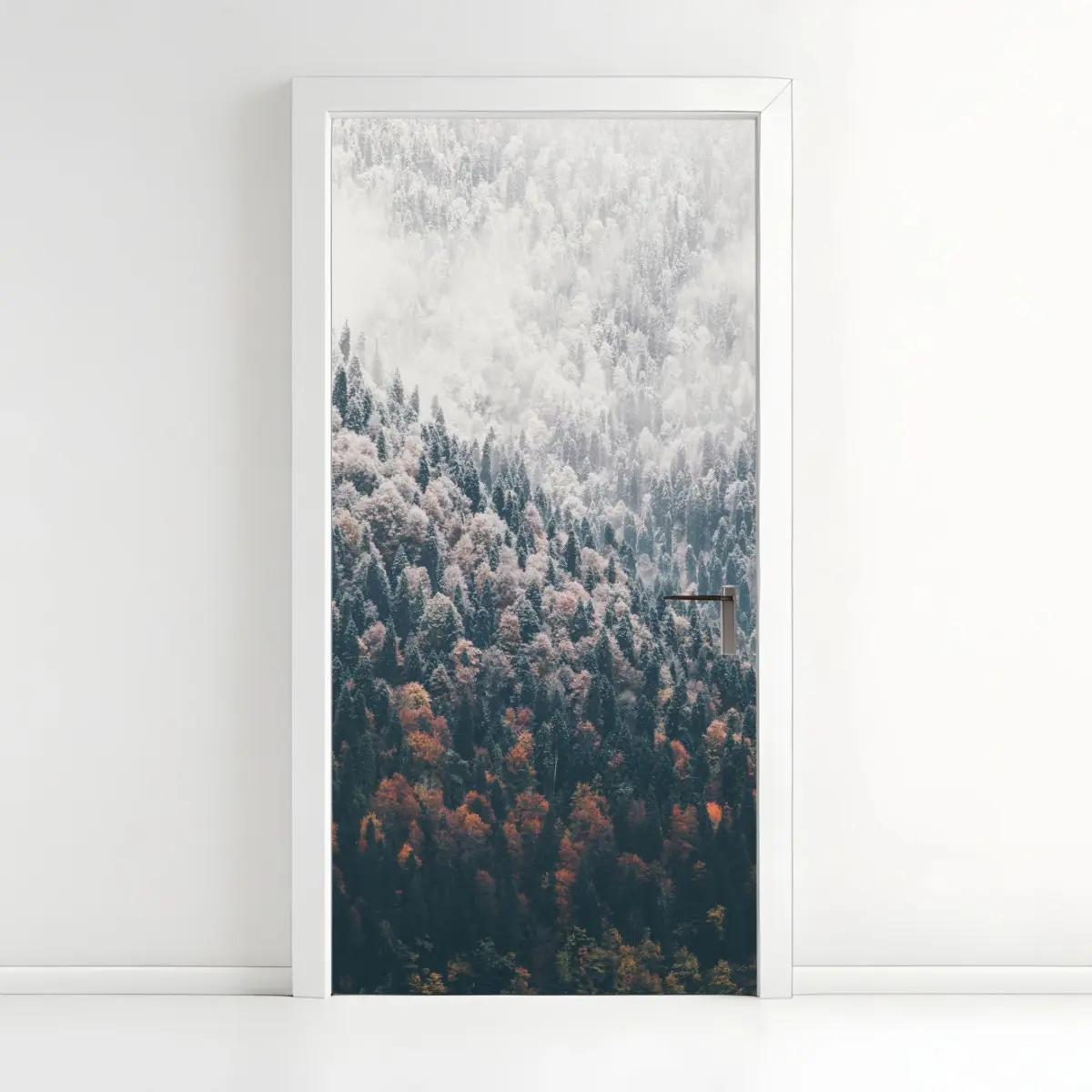 Türaufkleber nebliger herbstwald am schneebedeckten berg – Pixers®