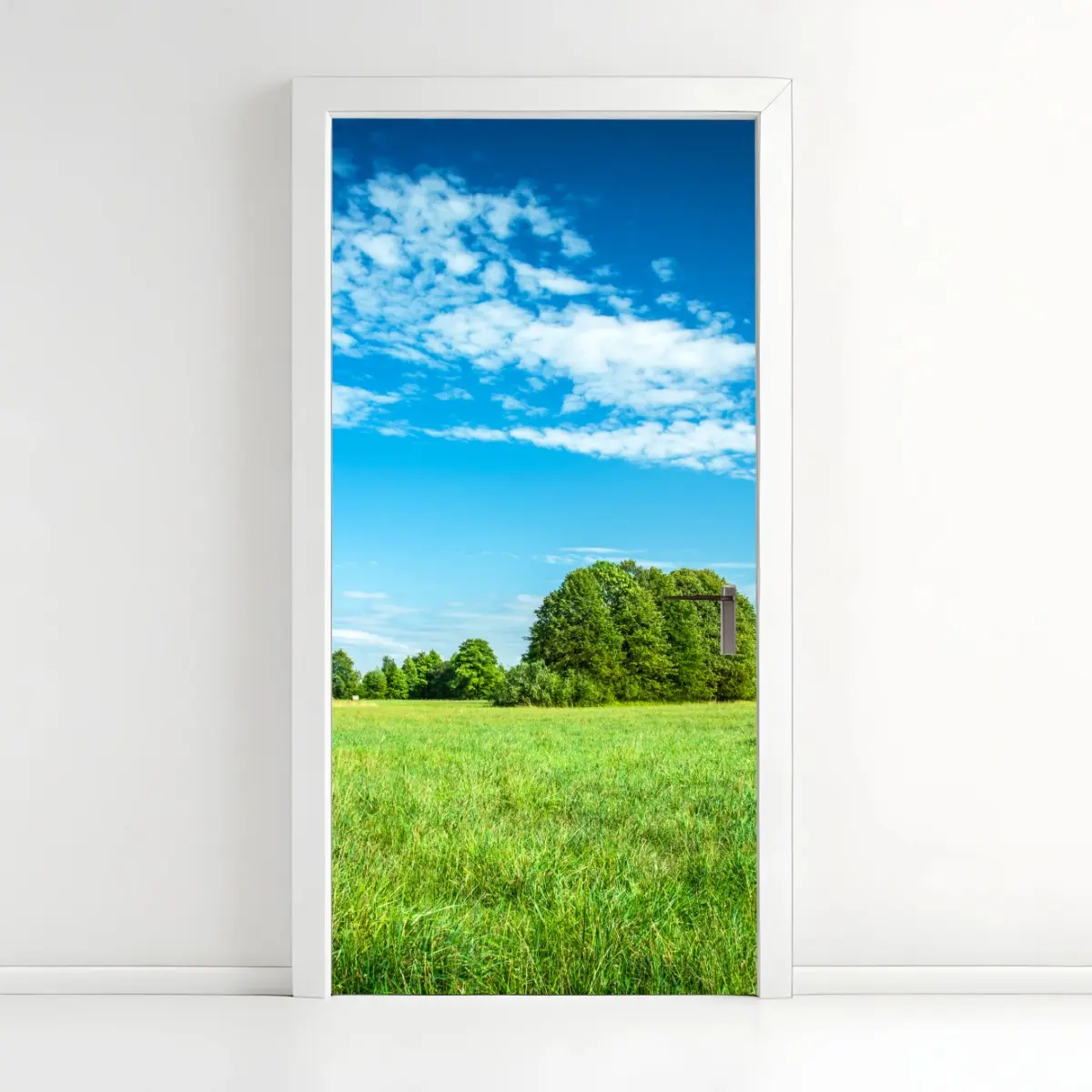 Türaufkleber sonnige grüne wiese unter blauem himmel – Pixers®