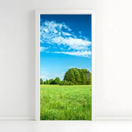 Türaufkleber sonnige grüne wiese unter blauem himmel – Pixers®