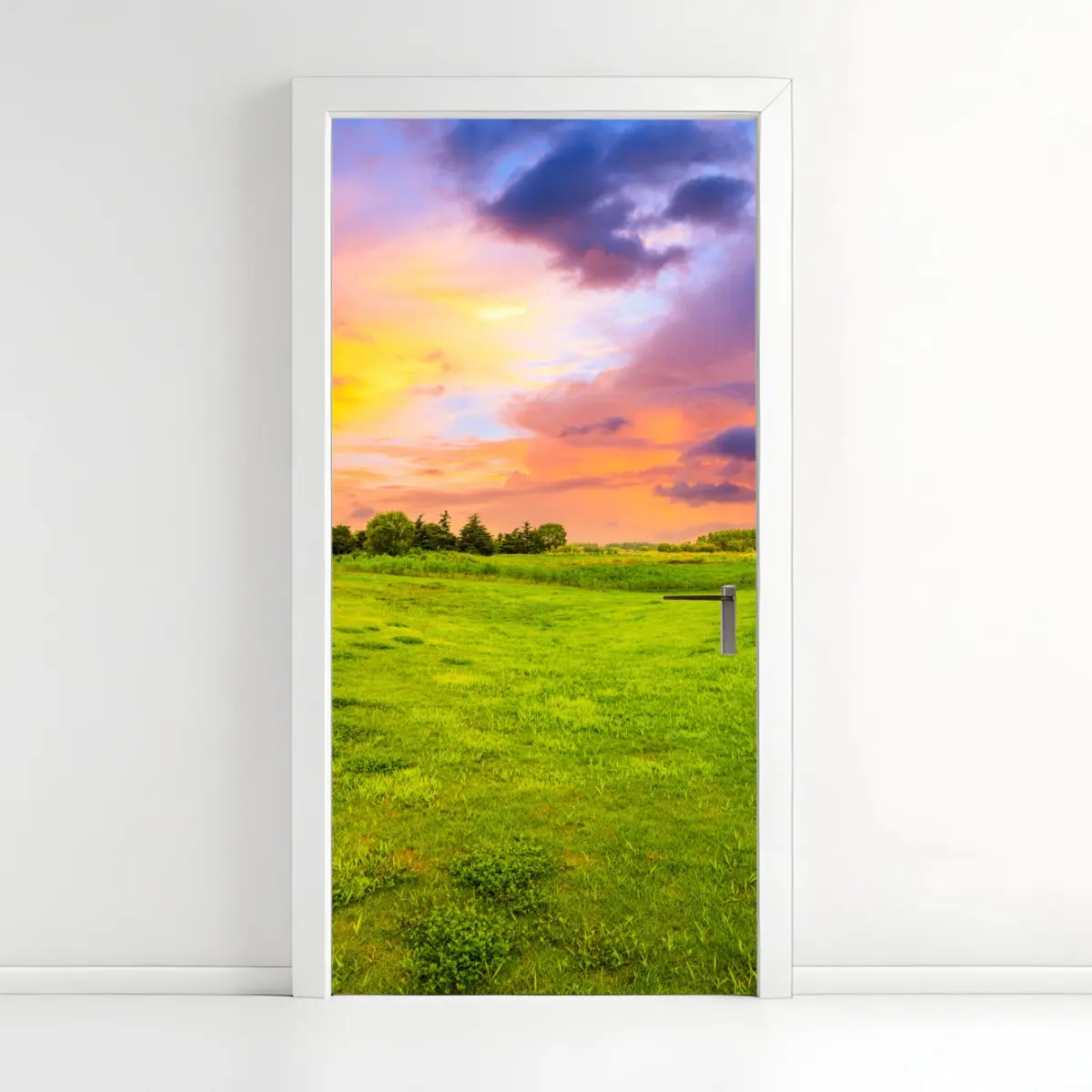 Türaufkleber sonnenuntergang über grüner wiese – Pixers®