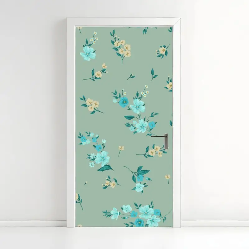 Türaufkleber pastell türkis blumenmuster auf salbeigrünem hintergrund