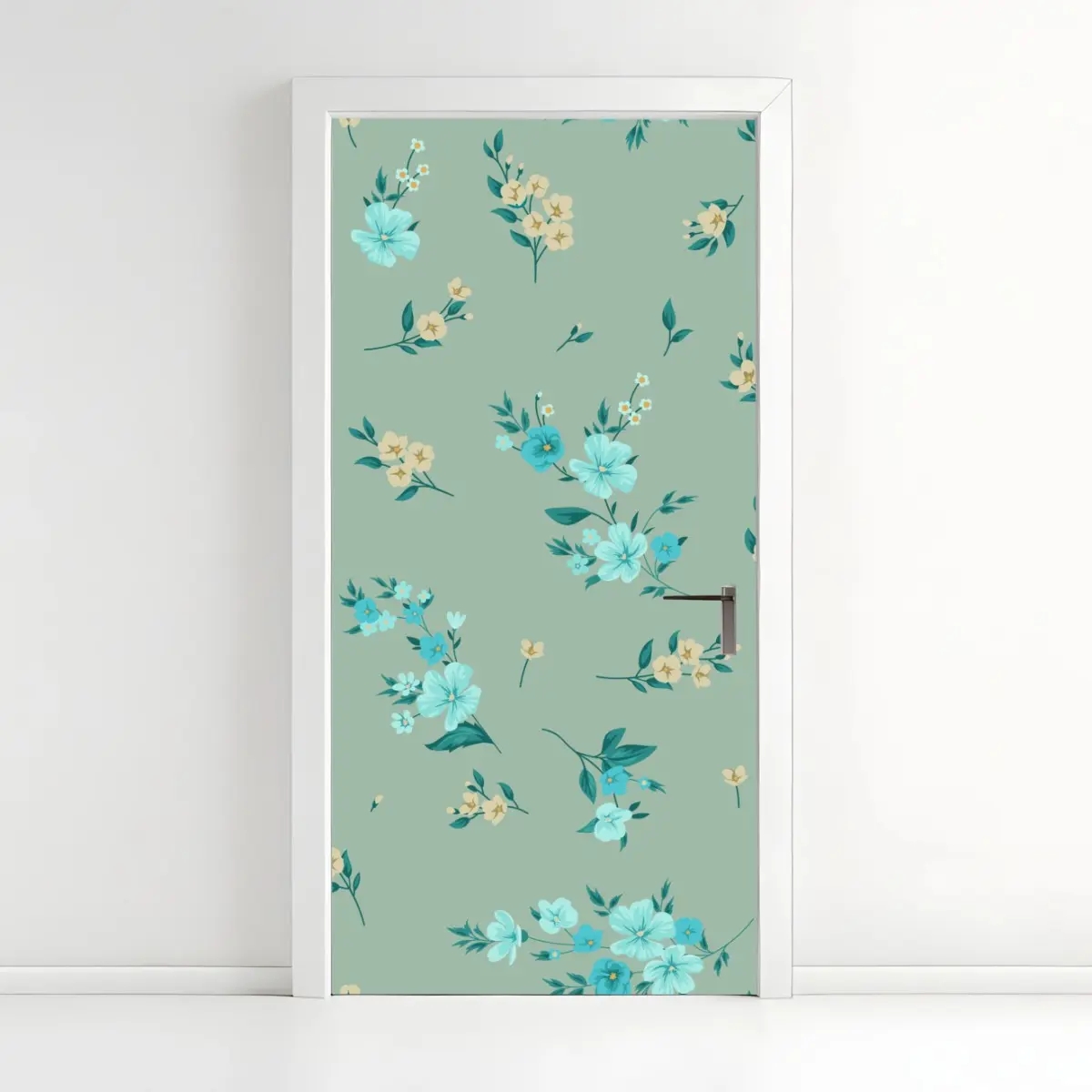 Türaufkleber pastell türkis blumenmuster auf salbeigrünem hintergrund – Pixers®