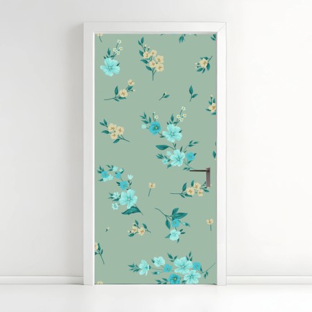 Türaufkleber pastell türkis blumenmuster auf salbeigrünem hintergrund – Pixers®