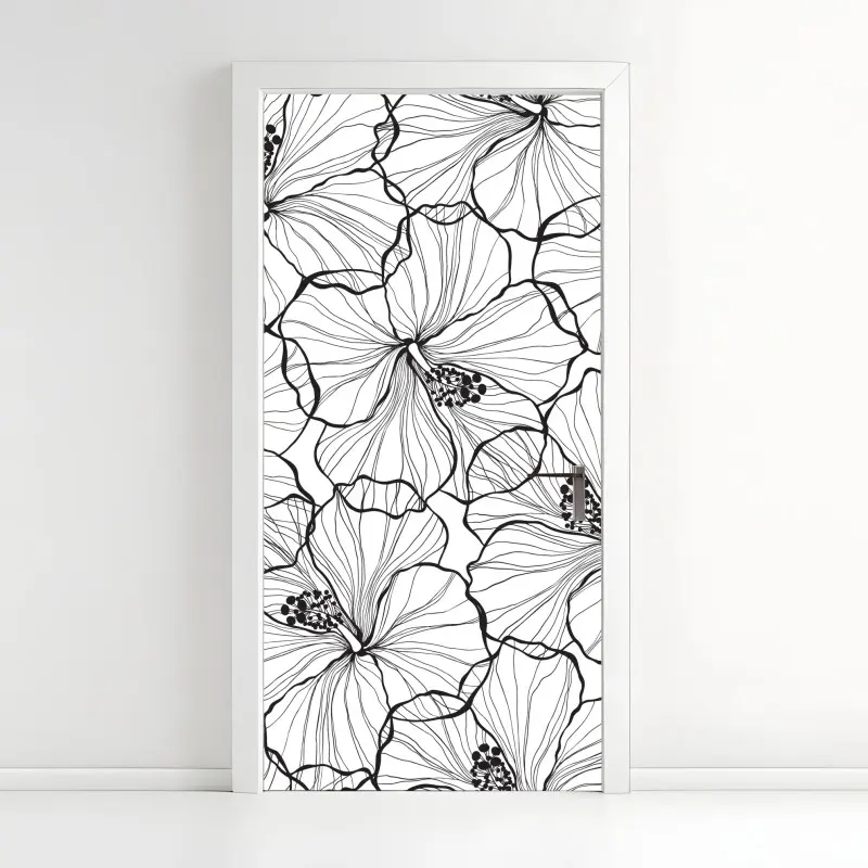Türaufkleber schwarzweißes hibiskus line art muster