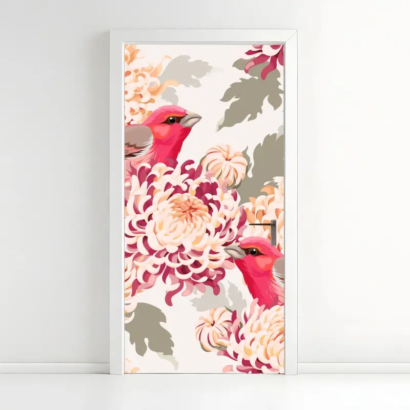 Türaufkleber rosa vögel und chryzanthemenmuster