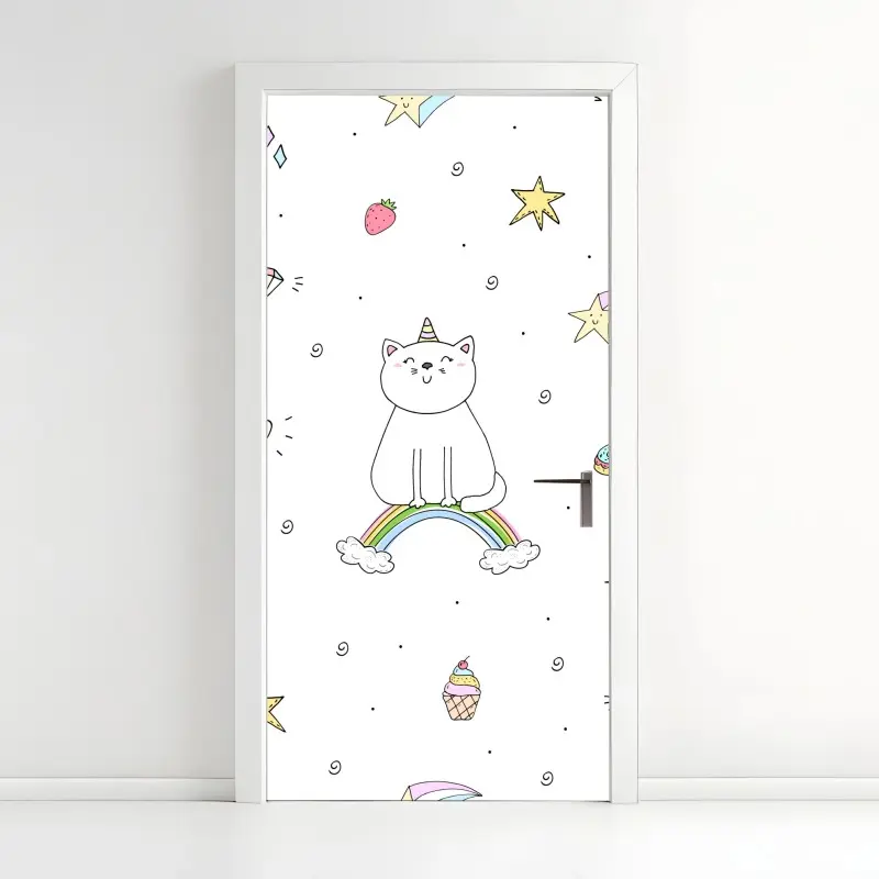 Türaufkleber pastell-einhornkatze auf dem regenbogen