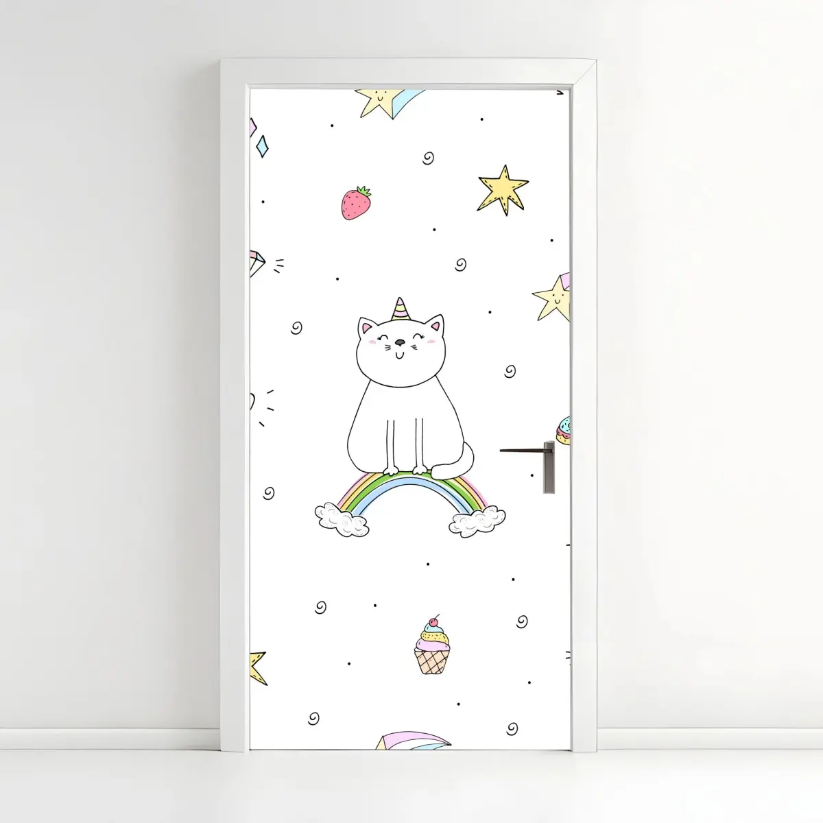Türaufkleber pastell-einhornkatze auf dem regenbogen – Pixers®