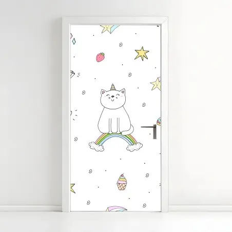 Türaufkleber pastell-einhornkatze auf dem regenbogen – Pixers®