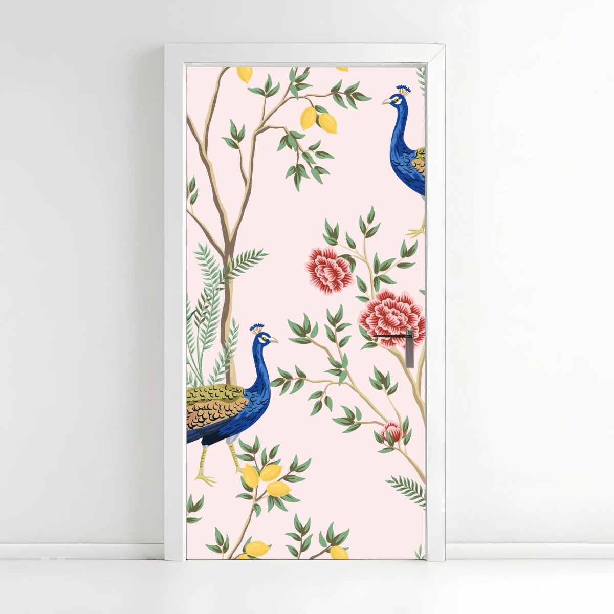 Türaufkleber elegantes pfau- und blumenmuster auf rosa hintergrund – Pixers®