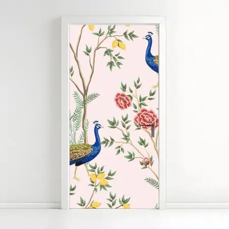 Türaufkleber elegantes pfau- und blumenmuster auf rosa hintergrund – Pixers®