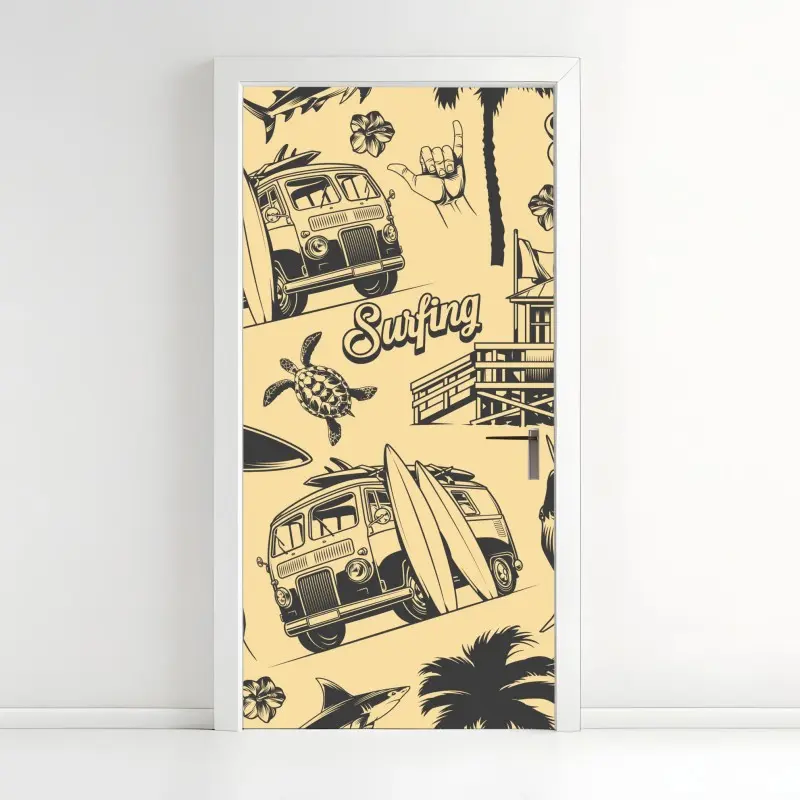 Türaufkleber retro surfing muster mit campingbus und wellen