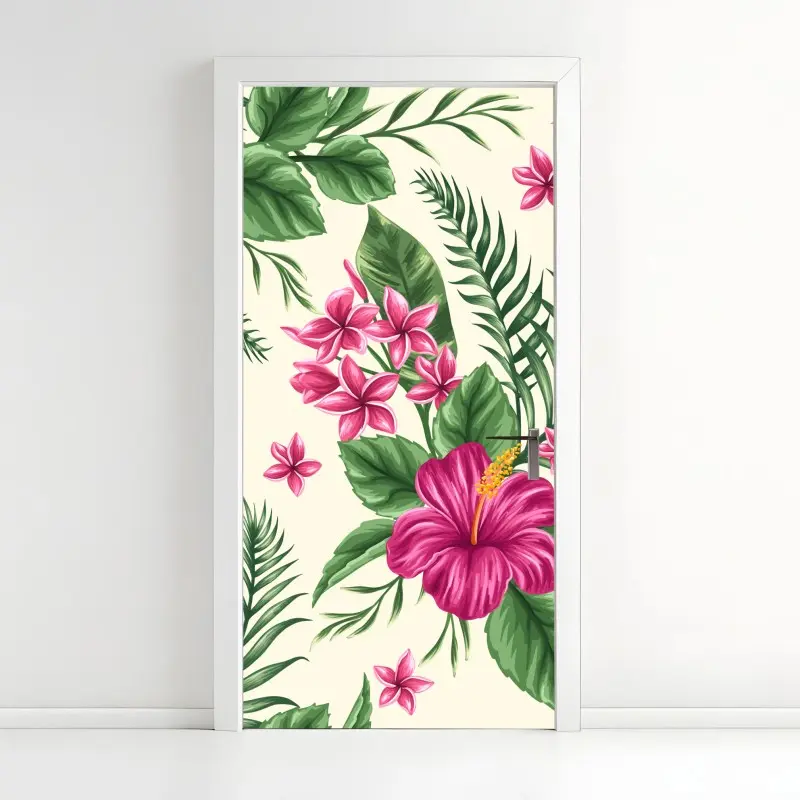 Türaufkleber tropisches muster mit rosa hibiskus