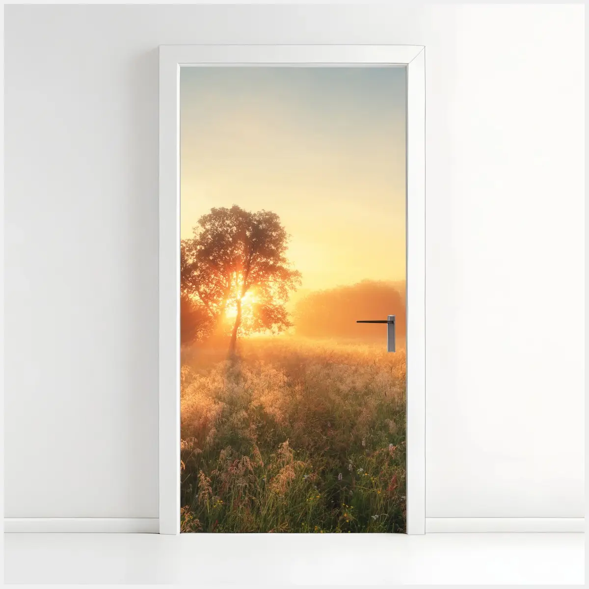 Türaufkleber goldener sonnenaufgang über nebliger wiese – Pixers®