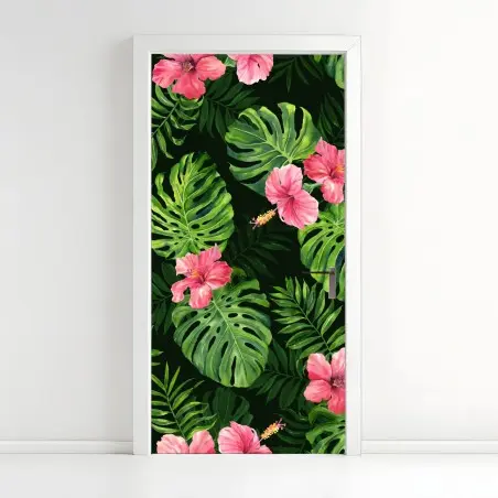 Türaufkleber tropisches monstera- und hibiskus-motiv – Pixers®