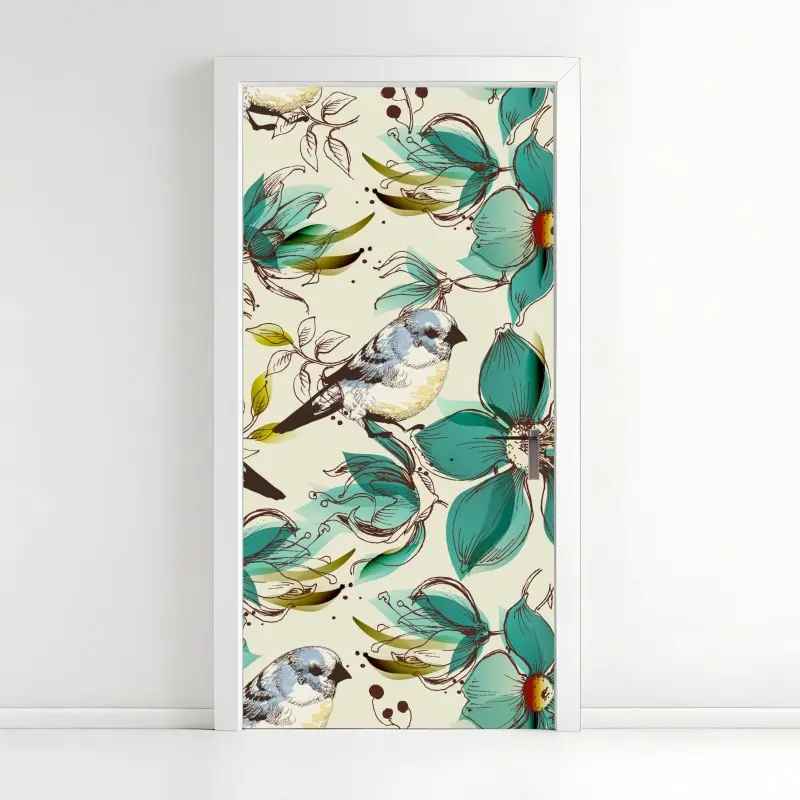 Türaufkleber retro türkis blumen- und vogelmuster