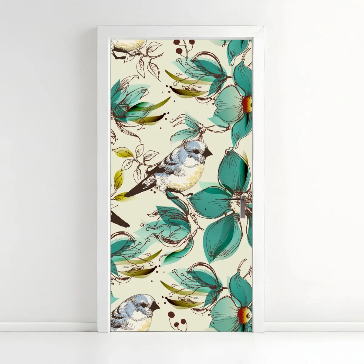 Türaufkleber retro türkis blumen- und vogelmuster – Pixers®