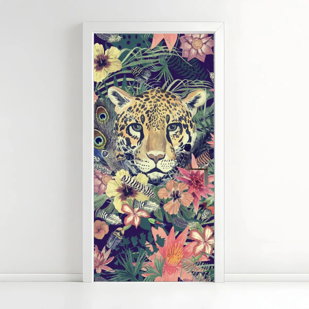 Türaufkleber vintage aquarell leopard im tropischen dschungel – Pixers®