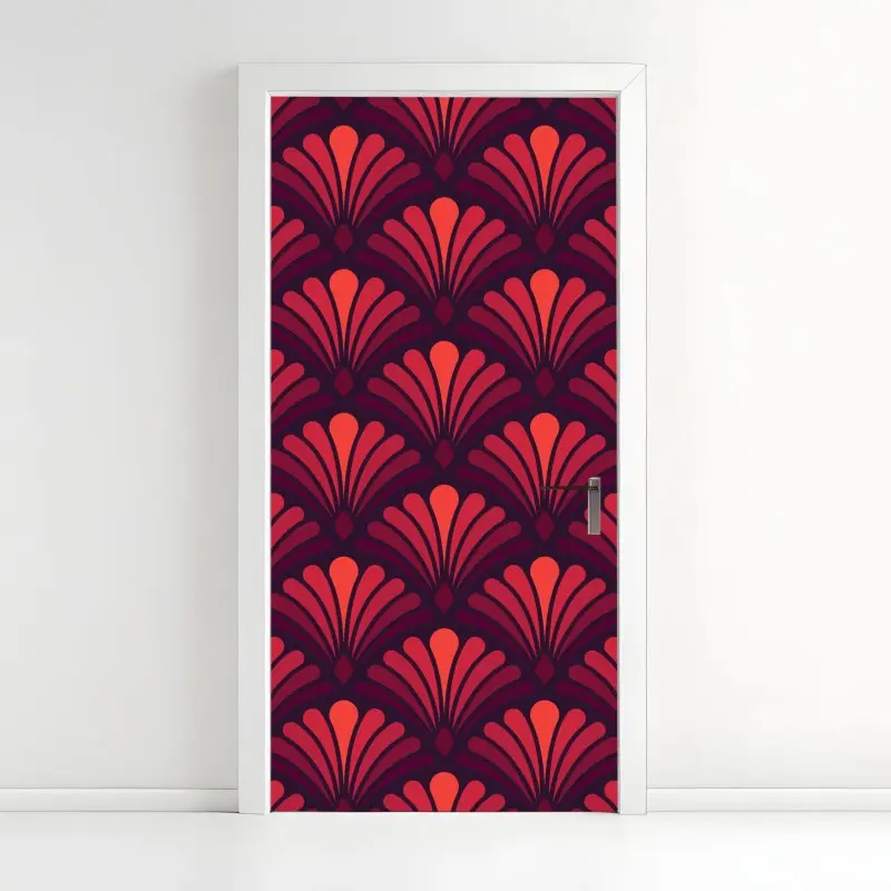 Türaufkleber geometrisches art-déco fächermuster in warmen rot- und violetttönen