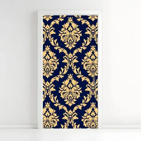 Türaufkleber elegantes goldenes damastmuster auf tiefblauem hintergrund – Pixers®
